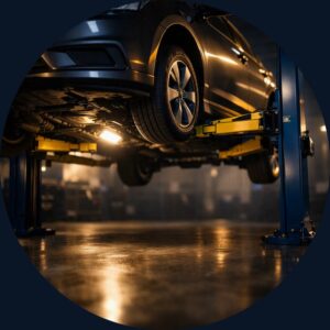 Car raised on a two post lift in a modern auto repair shop