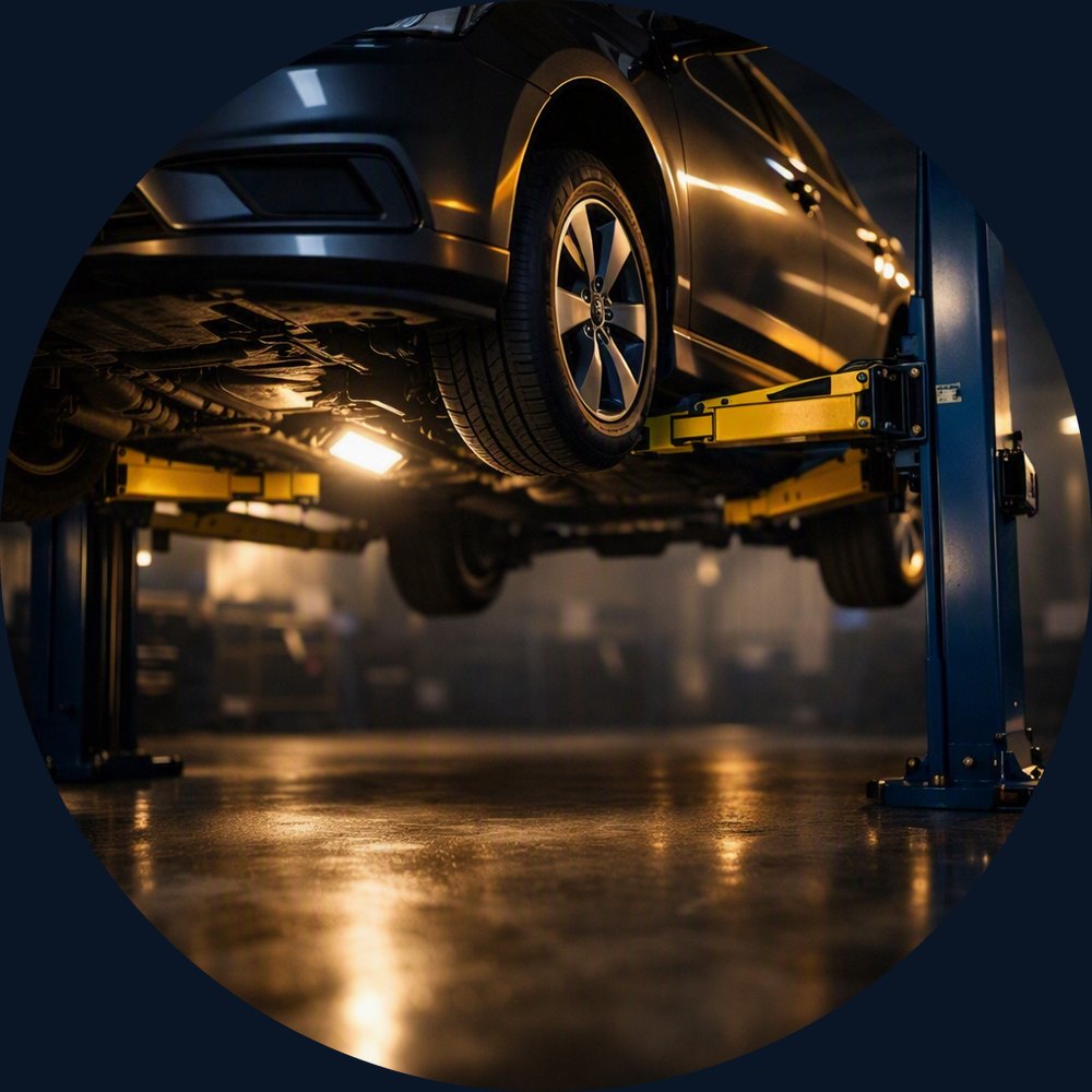 Car raised on a two post lift in a modern auto repair shop