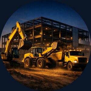 Excavator, loader, and dump truck working a construction site at dusk