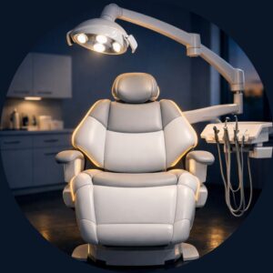 Modern dental treatment room with a dental chair and overhead exam light