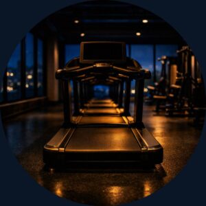 Treadmill in a dark, modern boutique gym with floor to ceiling windows