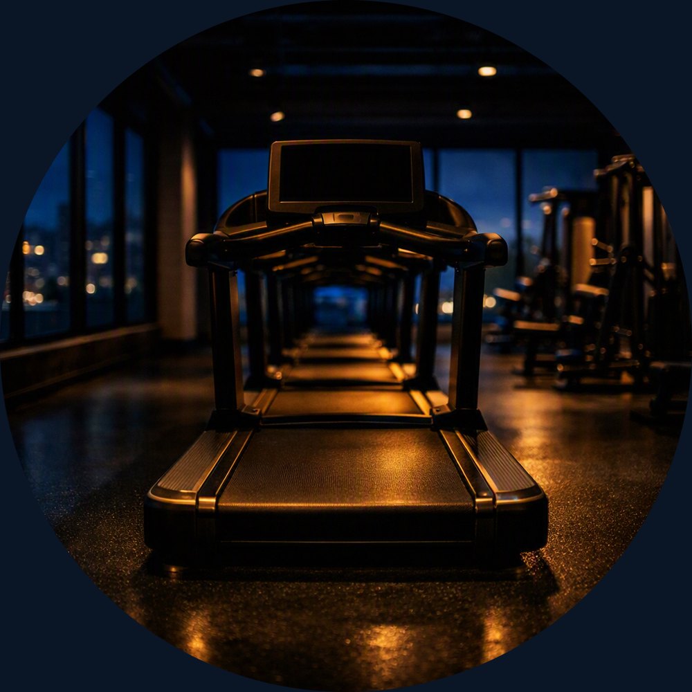 Treadmill in a dark, modern boutique gym with floor to ceiling windows