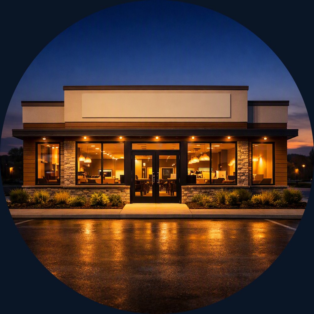 Newly built quick service restaurant storefront glowing at dusk