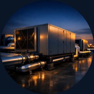 Commercial rooftop HVAC units on a building roof at dusk