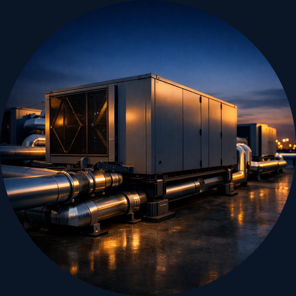 Commercial rooftop HVAC units on a building roof at dusk