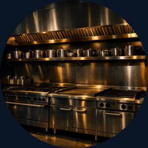 Stainless steel cooking line in a commercial restaurant kitchen