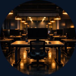 Modern open office with sit stand desks and ergonomic chairs