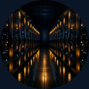 Server room aisle with rows of server racks