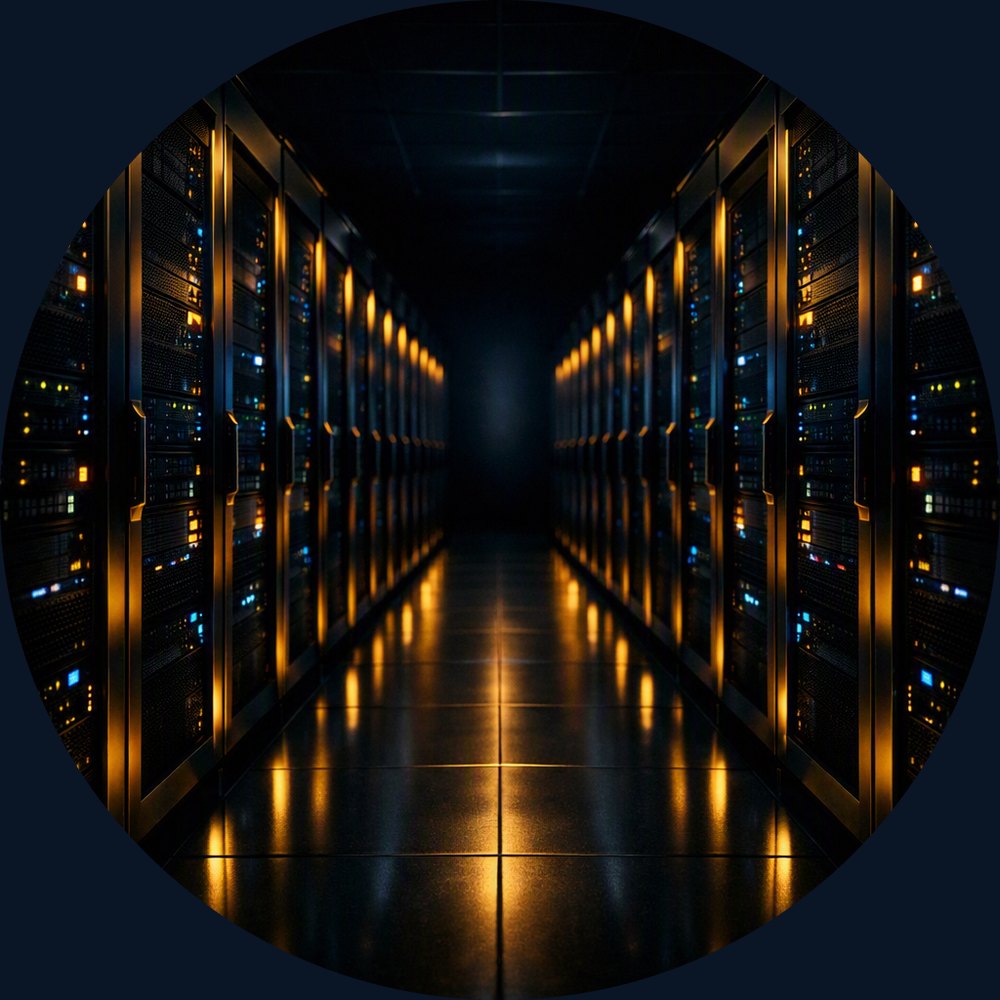 Server room aisle with rows of server racks